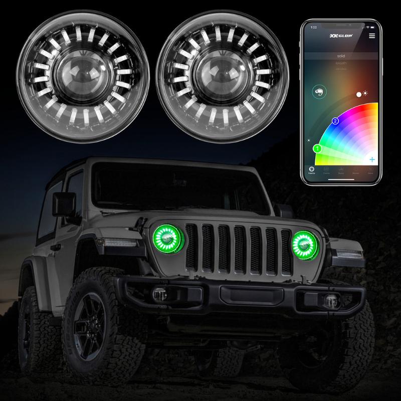 XK Glow XK-7IN-JP-KIT-JL 2018-2023 Jeep Wrangler JL 7" RGB LED Headlights with Smartphone App Control