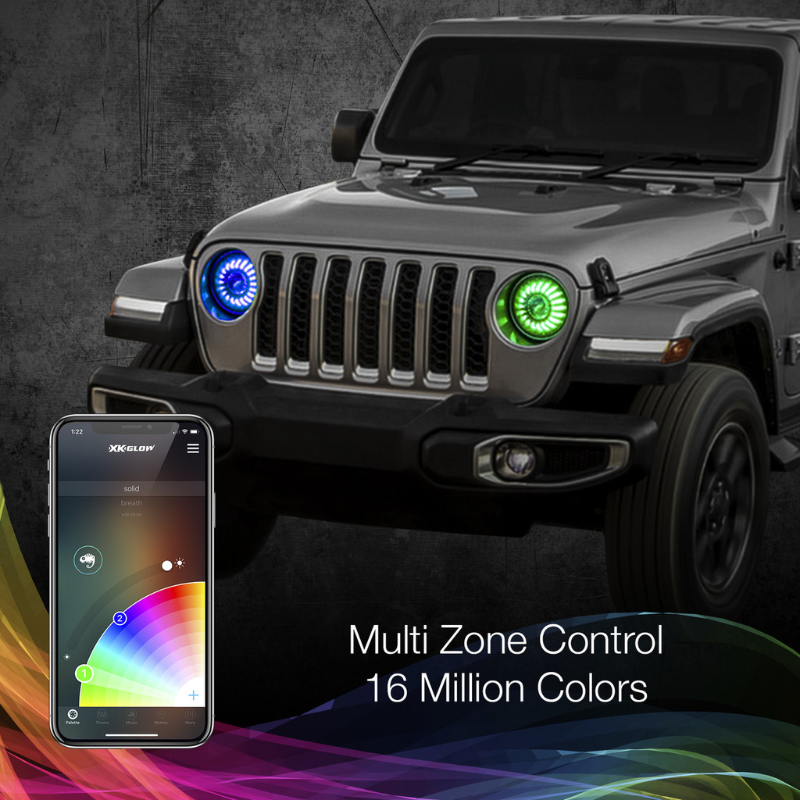 XK Glow XK-7IN-JP-KIT-JL 2018-2023 Jeep Wrangler JL 7" RGB LED Headlights with Smartphone App Control