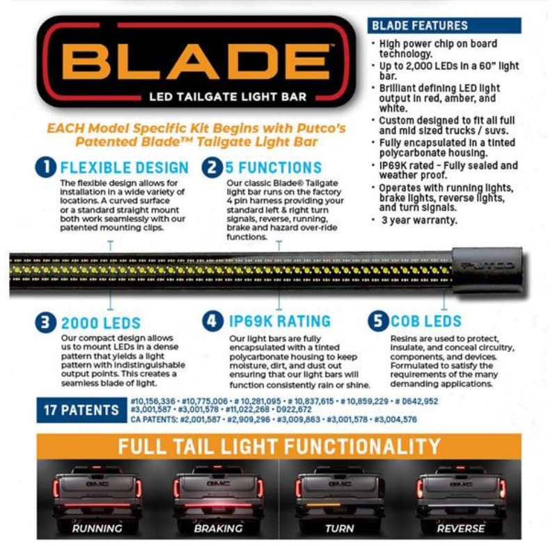 Putco 9202960-13 2009-2022 Jeep Wrangler 60" Blade LED Tailgate Light Bar Red/Amber/White LEDs & Plug-N-Play Quick Connect Harness