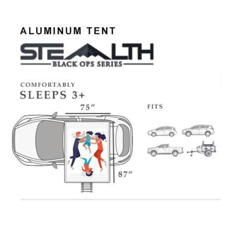 Tuff Stuff Overland TS-RTT-STLTH Stealth Aluminum Side Open Tent, 3 Person Roof Top Tent